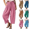 thumbnail image 1 of Womens Pants Casual Striped Elastic Waist Drawstring Baggy Wide Leg Pants with Pockets Ankle Length Comfortable Cropped Trousers for Daily Workout, 1 of 6