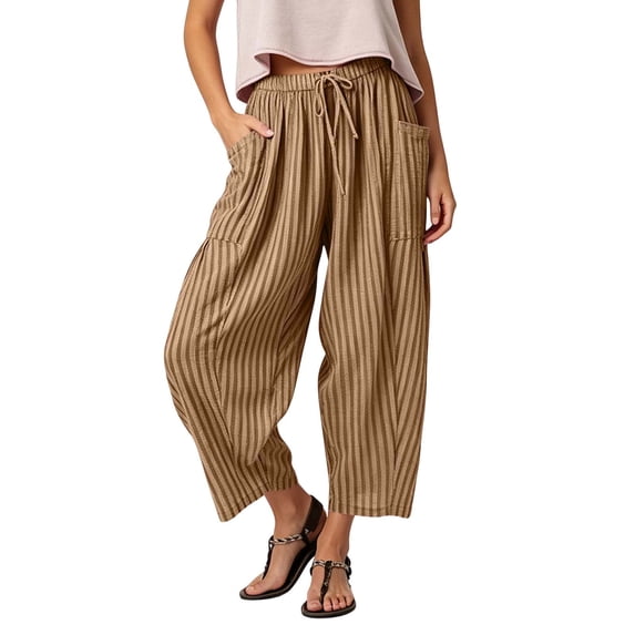 Womens Pants Casual Striped Elastic Waist Drawstring Baggy Wide Leg Pants with Pockets Ankle Length Comfortable Cropped Trousers for Daily Workout