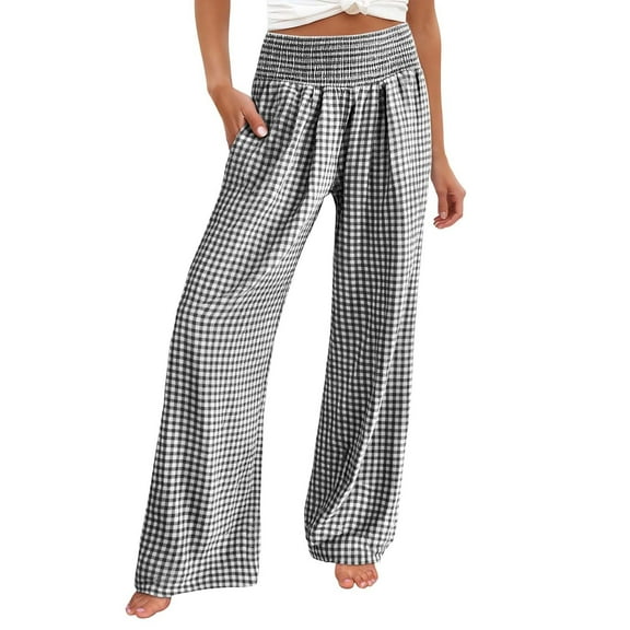 Womens Pants Casual Style Soft Smocked Distressed Mid Waist Plaid Trousers Lightweight Breathable Black S