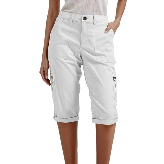 Womens Pants Casual Summer Solid Color Multi Pocket Casual Cargo Shorts Lightweight Breathable Five Inch Inseam White M
