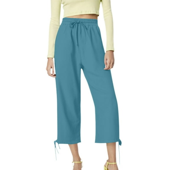 Womens Pants Casual Thin Drawstring Cropped Linen Pants High Waist Solid Spring Summer Capri Trousers Relaxed Fit Sky Blue M