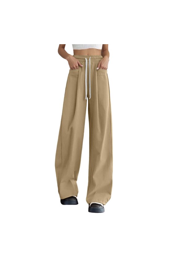 Womens Pants Casual Thin High Waist Wide Leg Trousers Straight Fit Flattering for Legs Lightweight Casual Breathable Khaki XXXXL