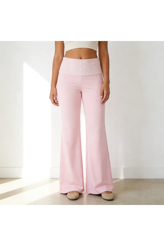 Womens Pants Casual Trousers Low Rise Relaxed Straight Leg Pants with Folded Waistband Daily Wear