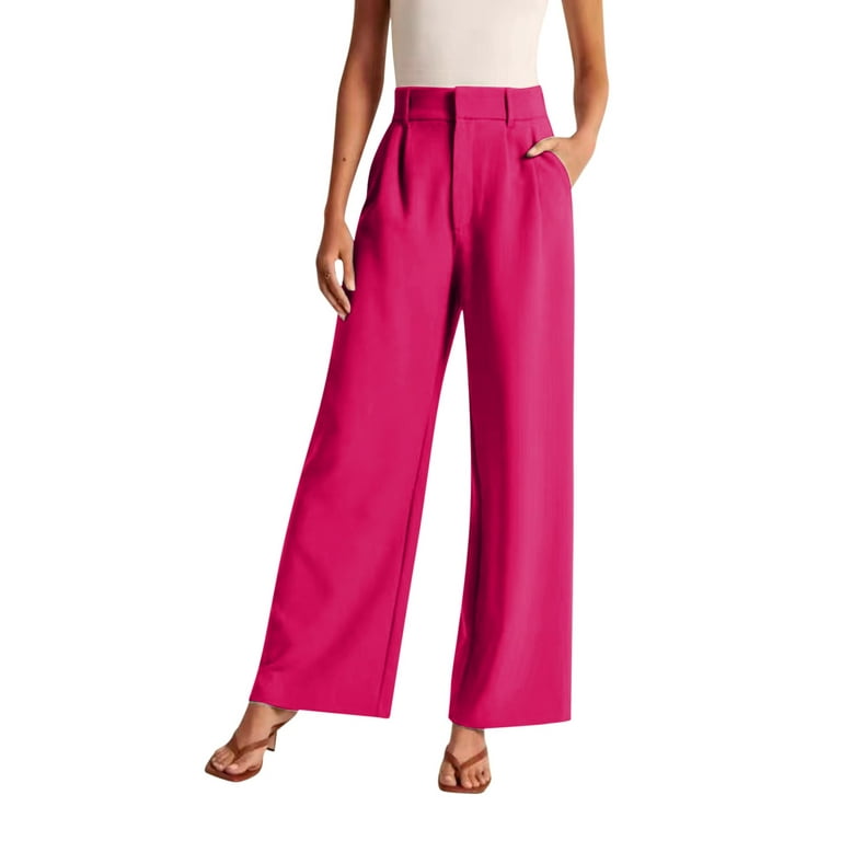 Womens Pants Casual Wide Leg Work Business High Waisted Dress Flowy Office  Pants & Trousers,Hot Pink,L