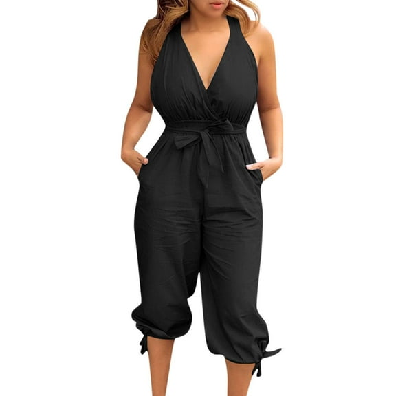 Womens Pants Casual Women Summer Fashion Solid Pocket Bandage V-Neck Slim Jumpsuits Womens Pants
