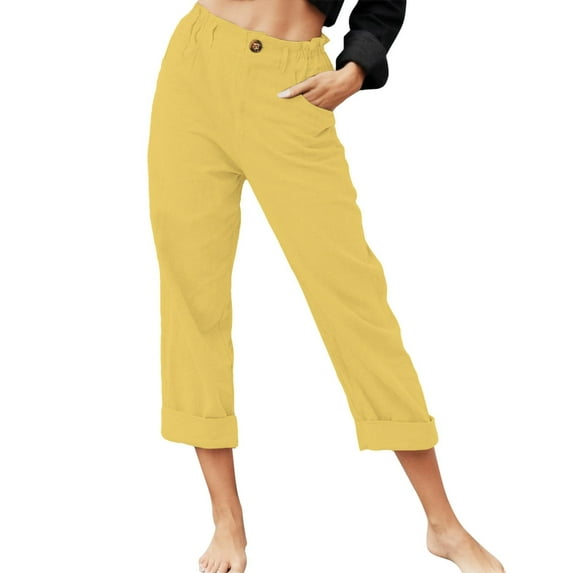 Linen Pants Women Casual Solid Color Pockets Zipper Elastic Button Waist Relaxed Fit Durable Daily Breathable Trendy Cropped Yellow Long Shorts Sizes L