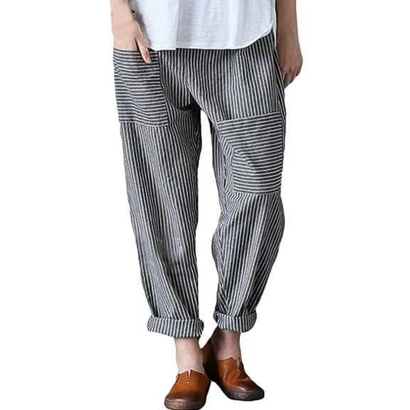 Erwazi Women's Wide Leg Harem Pants Cotton Striped Casual Palazzo Pants with Pockets