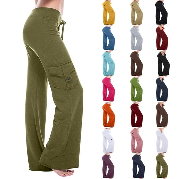 Womens Pants under $10 Women Workout Out Leggings Stretch Waist Button Pocket Yoga Gym Loose Pants Plus Size Wide leg Pants for Women