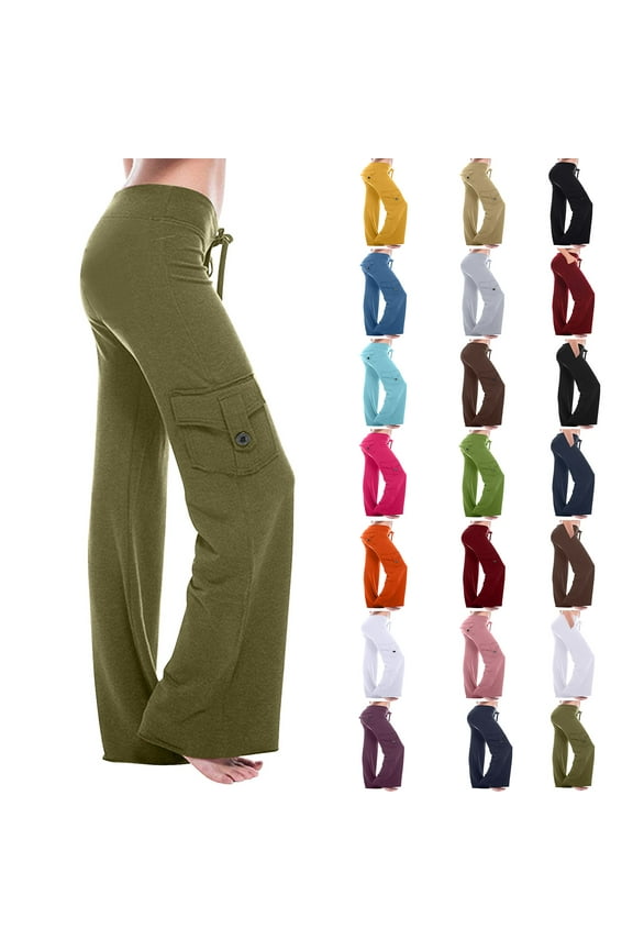 Womens Pants under $10 Women Workout Out Leggings Stretch Waist Button Pocket Yoga Gym Loose Pants Plus Size Wide leg Pants for Women