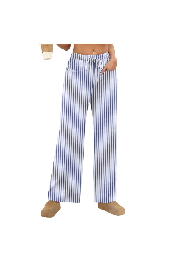 Womens Pants Cotton Linen Casual Loose Fit Pants Bottoms Summer Beach Trouser Solid Color Comfortable Breathable Striped Elastic Waist Straight Pajama Pants