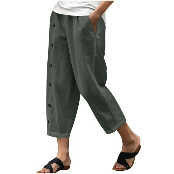 Womens Pants Cotton Linen High Waisted Summer Casual Button Solid Color Capris Pants with Pocket Army Green L