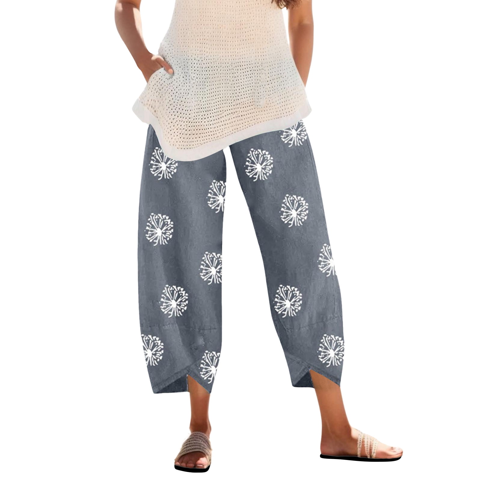 Womens Pants Cotton Linen Loose Floral Print Embroidery Elastic Waist ...