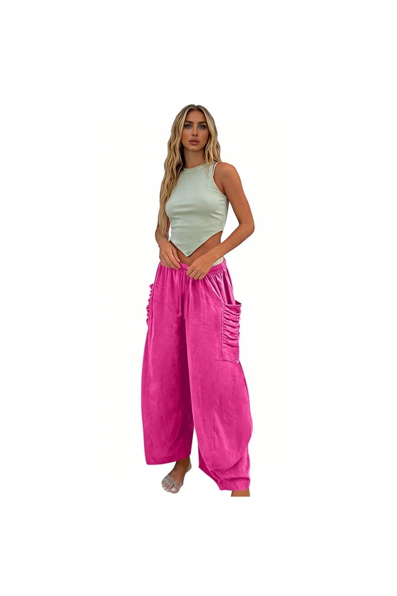 Womens Pants Cotton Linen Oversized Solid Color Stretch Drawstring Waist Trousers with Large Pockets and Pleats Loose and Free for Weekend Outings