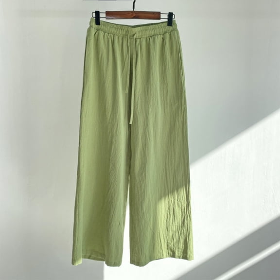 Womens Pants Cotton Linen Pants for Women Casual Solid Plus Size Loose Straight Leg Long Pants Elastic Waist Drawstring Ladies Pocket Leisure Trousers Fall
