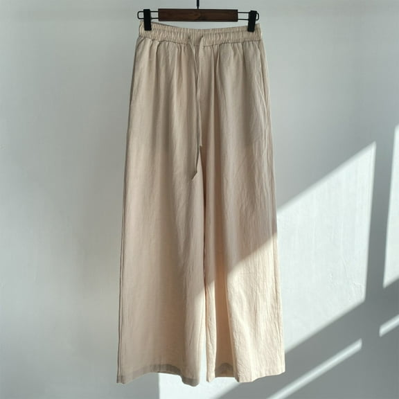 Womens Pants Cotton Linen Pants for Women Casual Solid Plus Size Loose Straight Leg Long Pants Elastic Waist Drawstring Ladies Pocket Leisure Trousers Fall