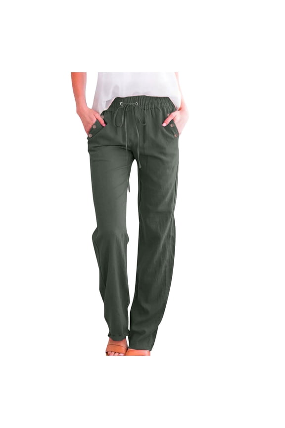 Womens Pants Cotton Linen Relaxed Fit Pants Soft Elastic Waist Pull-On Trousers with Button Pockets