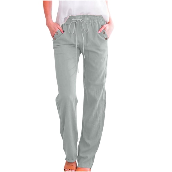 Womens Pants Cotton Linen Relaxed Fit Pants Soft Elastic Waist Pull-On Trousers with Button Pockets