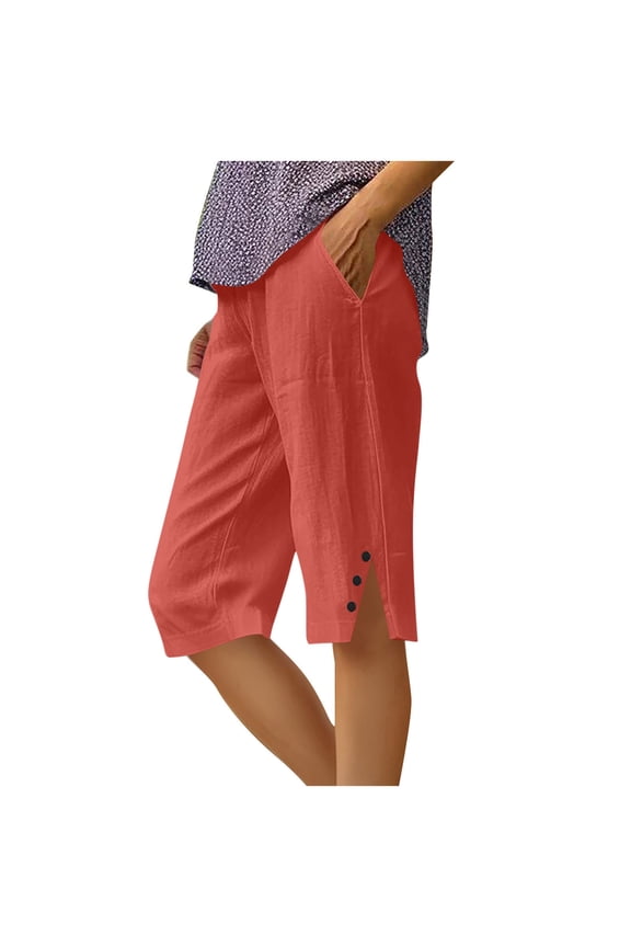 Womens Pants Cotton Linen Summer Solid Color Loose Straight Leg Pants With Pockets Side Slit Buttons Five Quarter Pants