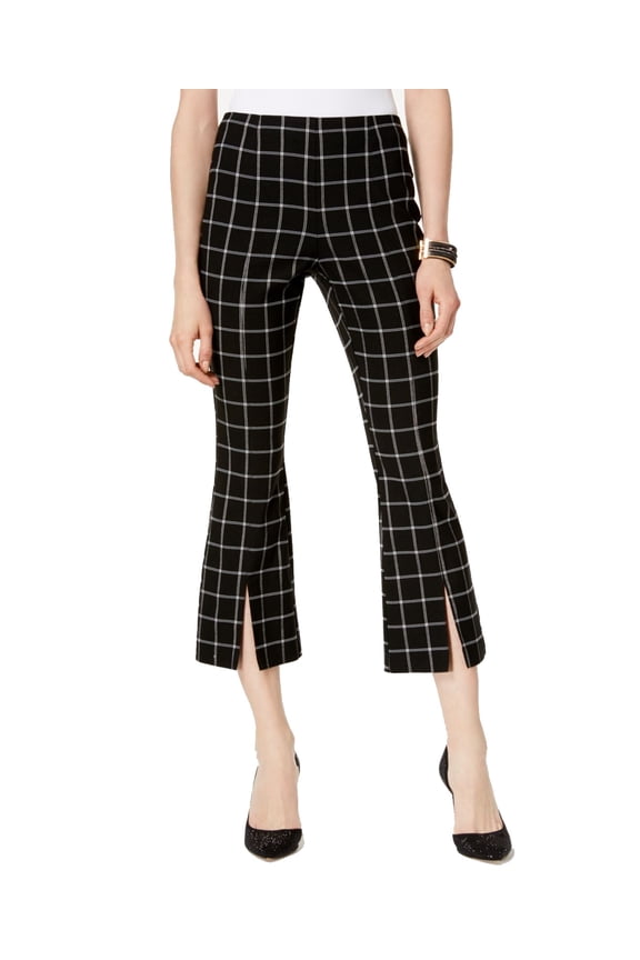 Womens Pants Cropped Slit-Front Pull-On Plaid Mid-Rise 2