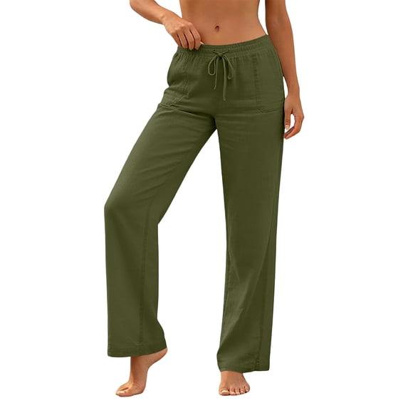 Womens Pants Drawstring Solid Color Pocket Casual Loose Linen Trousers Army Green S