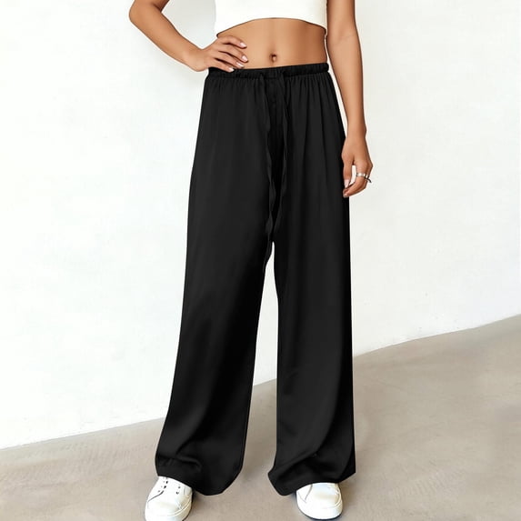 Womens Pants Drawstring Waist Wide Leg Beach Pants Loose Satin Pajama Pants with Pockets
