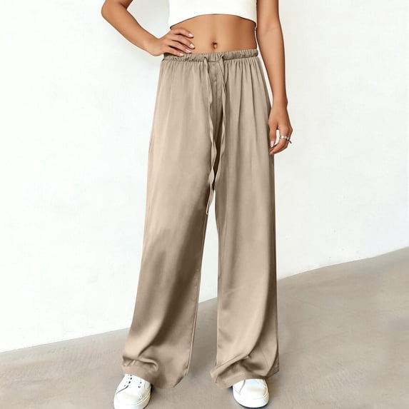 Womens Pants Drawstring Waist Wide Leg Beach Pants Loose Satin Pajama Pants with Pockets