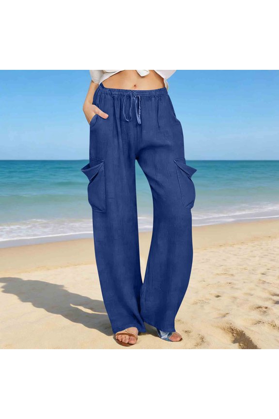 Womens Pants Elastic Drawstring Waist Loose Solid Color Pocket Straight Leg Pants Sky Blue L