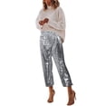 thumbnail image 1 of Womens Pants Elastic Waist 2025 Solid Color Fashion Sequined Wide Leg Trousers Dressy Casual White M, 1 of 8