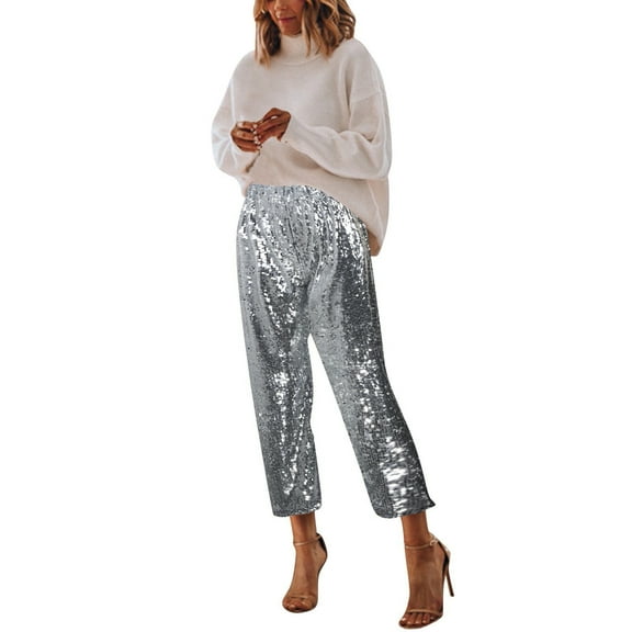 Womens Pants Elastic Waist 2025 Solid Color Fashion Sequined Wide Leg Trousers Dressy Casual White M