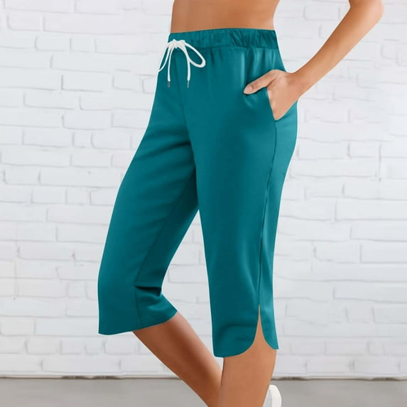 Womens Pants Elastic Waist Capris Pants Solid Color Sports Casual with Pockets Pants