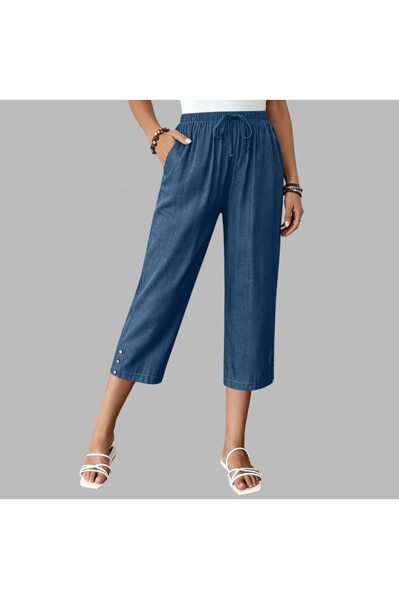 Womens Pants Elastic Waist Casual Work Wide-Leg Cropped Travel Hiking Walking with Pockets Pant Light Blue L