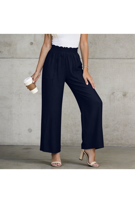 Womens Pants Elastic Waist Casual Work Wide-Leg Cropped Travel Hiking Walking with Pockets Pant Navy L