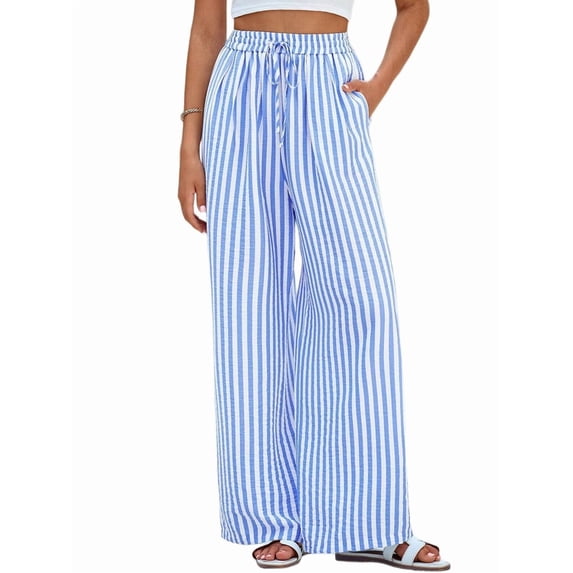 Womens Pants Elastic Waist Light-Weight Palazzo Pants for Women Casual Lounge Wide Leg Pants Woman Blue XXL