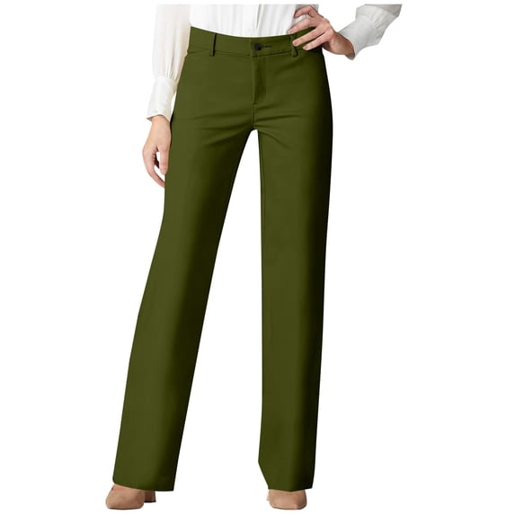 Womens Pants Elastic Waist Solid Color Button Zipper Back Casual Side Pocket Straight Leg Long Pants Army Green S