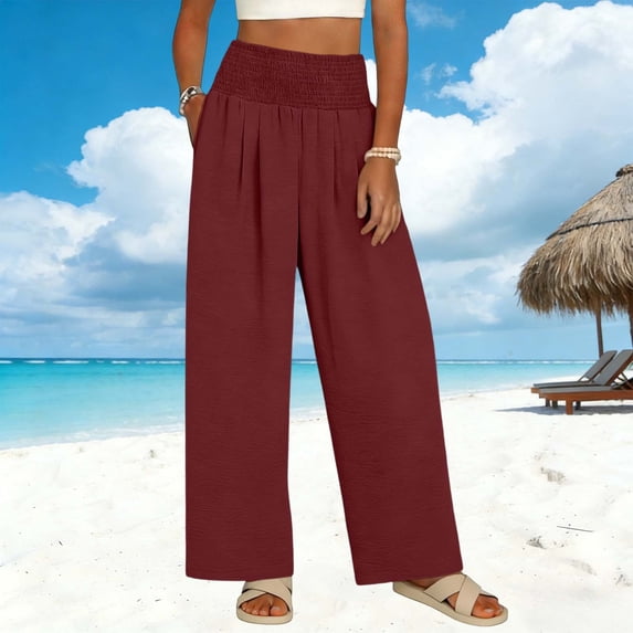 Womens Pants Elastic Waist Solid Color Drawstring Double Pocket Casual Length Pants Wine L
