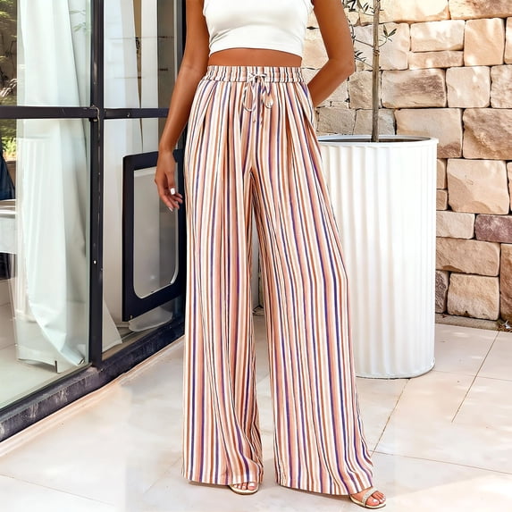 Womens Pants Elastic Waist Striped Print Lightweight Palazzo Pants Casual Wide Leg Pants with Pockets M