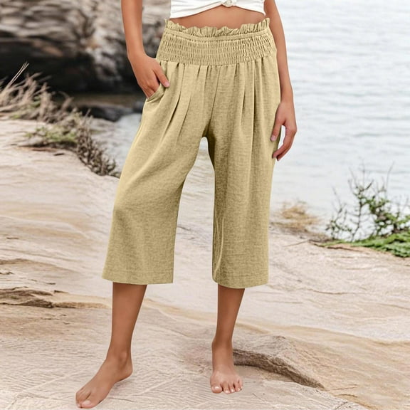 Womens Pants Elastic Waist Wide Capris High Waisted Pants Casual Summer Pockets Pant