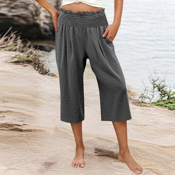 Womens Pants Elastic Waist Wide Capris High Waisted Pants Casual Summer Pockets Pant
