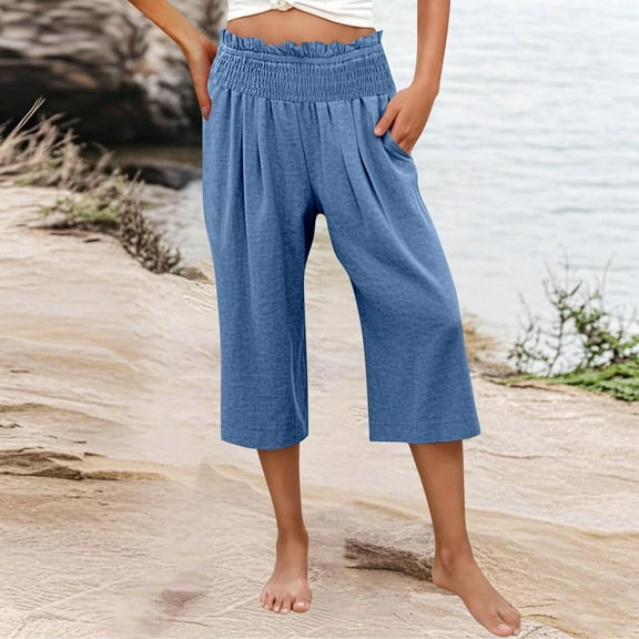 Womens Pants Elastic Waist Wide Capris High Waisted Pants Casual Summer Pockets Pant
