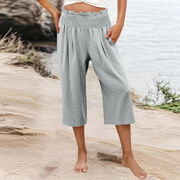 Womens Pants Elastic Waist Wide Capris High Waisted Pants Casual Summer Pockets Pant