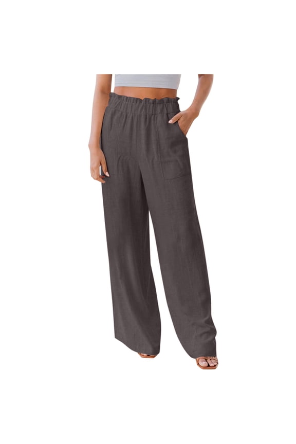 Womens Pants Elastic Waist Wide Leg Palazzo High Waisted Smocked Pleated Loose Fit Casual Trousers Trendy Dressy Coffee M