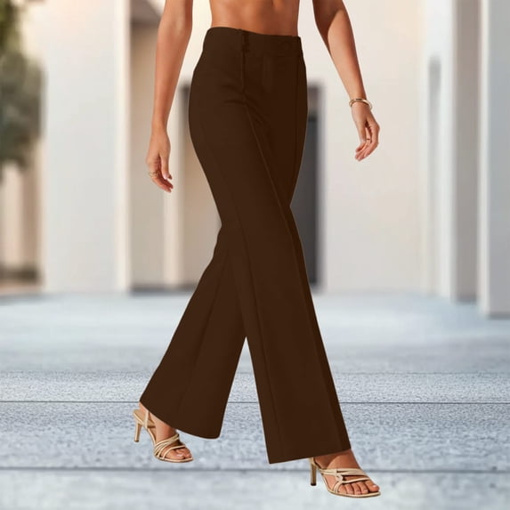 Womens Pants Elastic Waist Work Office Solid Color Straight Leg Casual Pants Coffee S