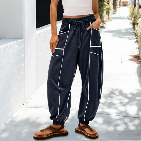 Womens Pants Fashion Mid Waist Comfortable Joggers Casual Loose Fit Solid Color Pants with Pockets Classic Long Pants