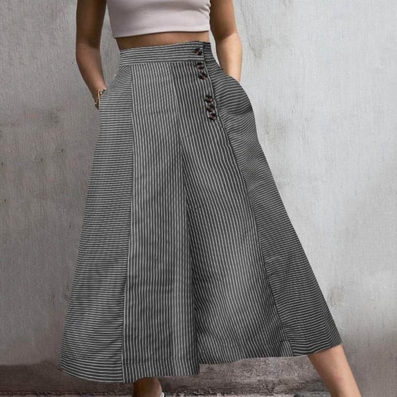 Womens Pants Fashion Striped Patchwork Loose Casual High Waist Pocket Elastic Waist Ankle Length Trousers Pant Workwear