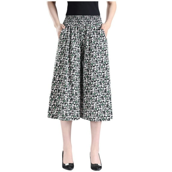 Womens Pants Fashionable Printed Elastic Waist Thin Wide Leg High Waisted Skirt Trousers
