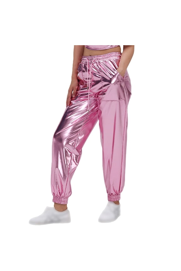 Womens Pants Glitter Trousers Women's Silver Metallic Trousers Colour Streetwear Shiny Jogging Bottoms Fashion Shiny Elastic Waistband Trousers 70s 80s Outfit