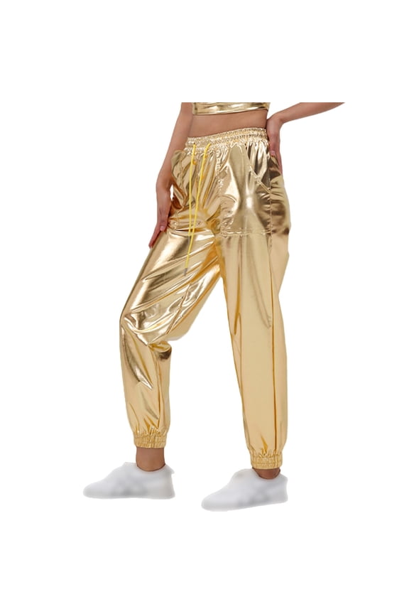 Womens Pants Glitter Trousers Women's Silver Metallic Trousers Colour Streetwear Shiny Jogging Bottoms Fashion Shiny Elastic Waistband Trousers 70s 80s Outfit