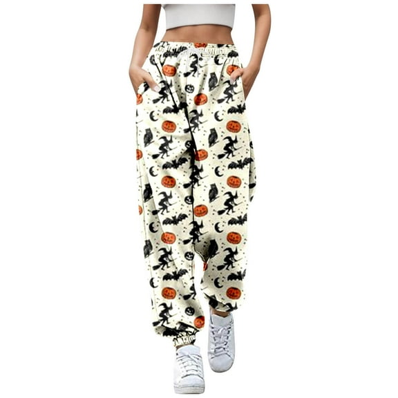 Womens Pants Festival With0Pockets Drawstring Sweatpants Cartoon Printed Beige Loose Pants for Women L