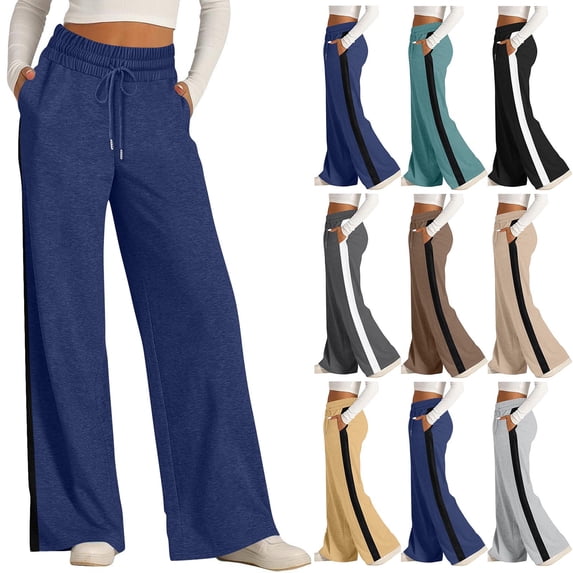 Womens Pants High Waist Side Striped Wide Leg Casual Sweatpants Drawstring Loose Pants with Pockets Loose and Comfortable for Home Leisure