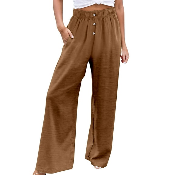Womens Pants High Waist Trousers With Button Elastic Waist Wide Leg Straight Fit Casual Breathable Pants Brown S